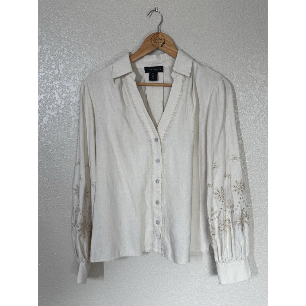 Tahari Linen Blend Lace Eyelet Detail Collared Top Size Medium